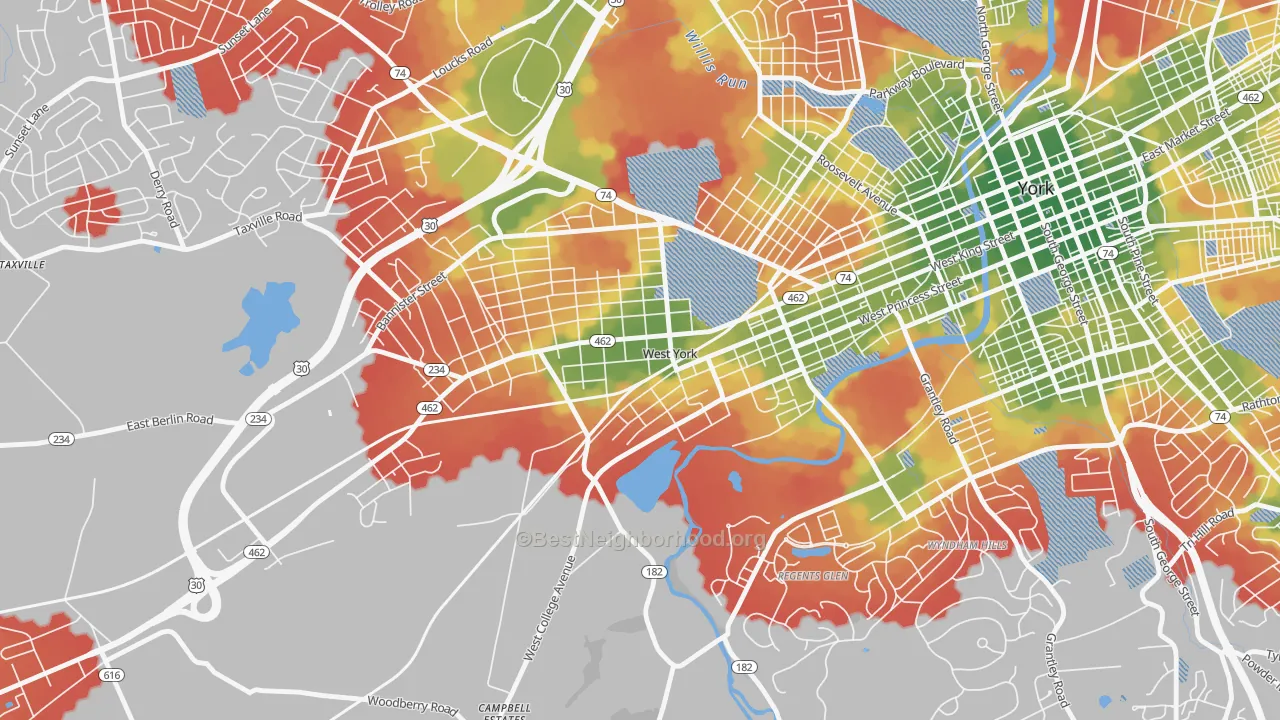 Walk Grade map of West York, PA, walkable areas in green and car-dependent areas in red
