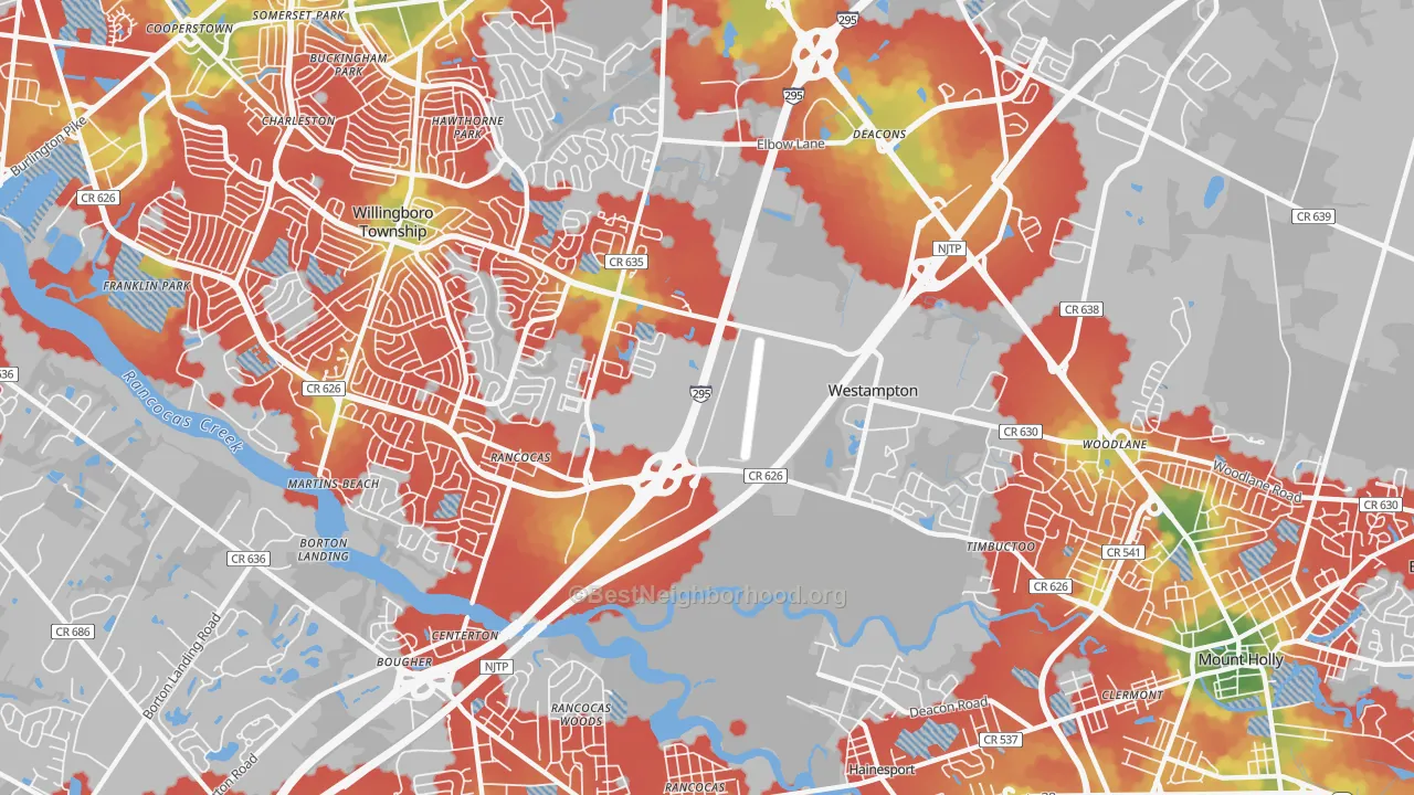 Walk Grade map of Westampton, NJ, walkable areas in green and car-dependent areas in red