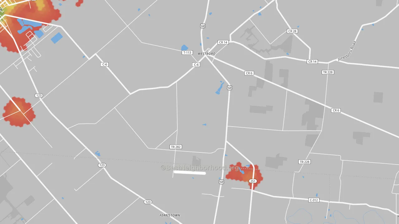 Walk Grade map of Westboro, OH, walkable areas in green and car-dependent areas in red