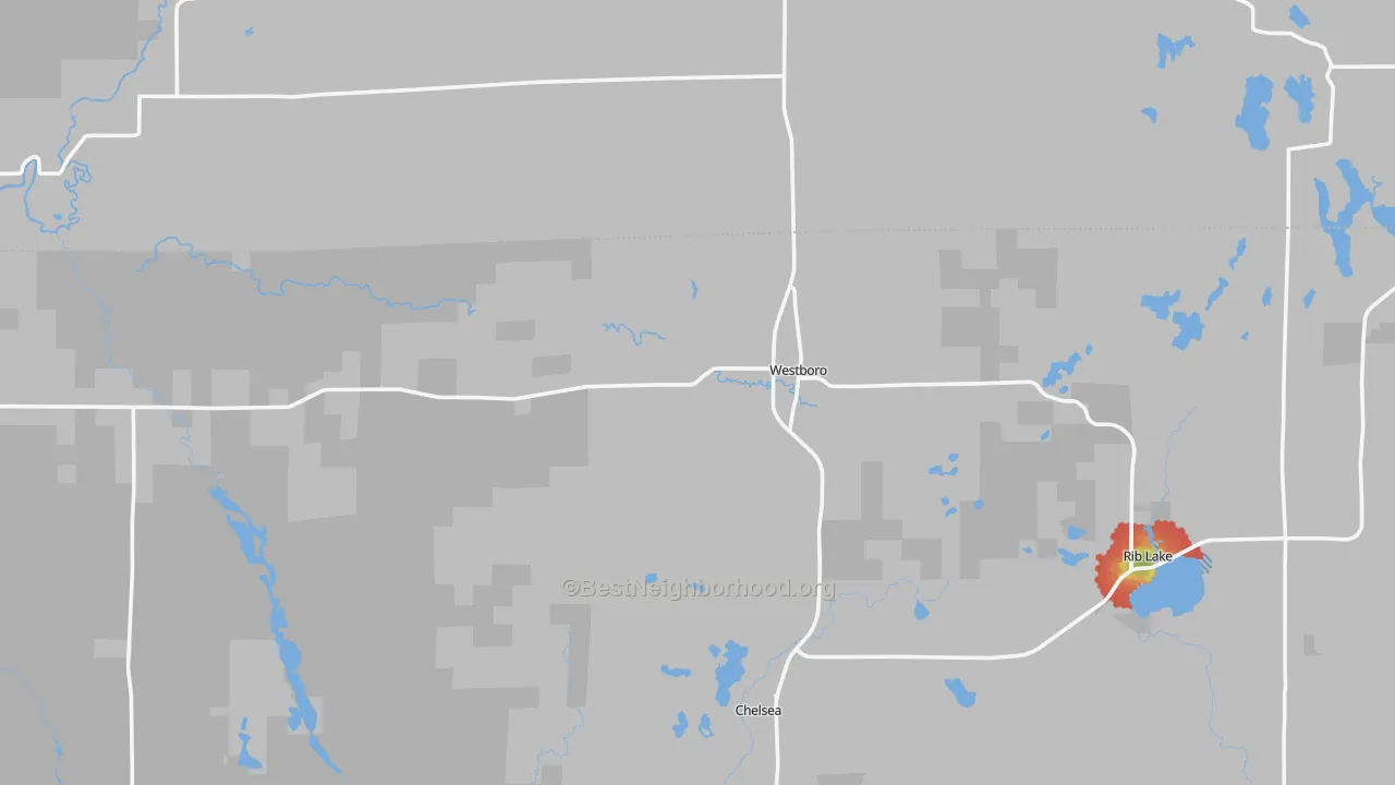 Walk Grade map of Westboro, WI, walkable areas in green and car-dependent areas in red
