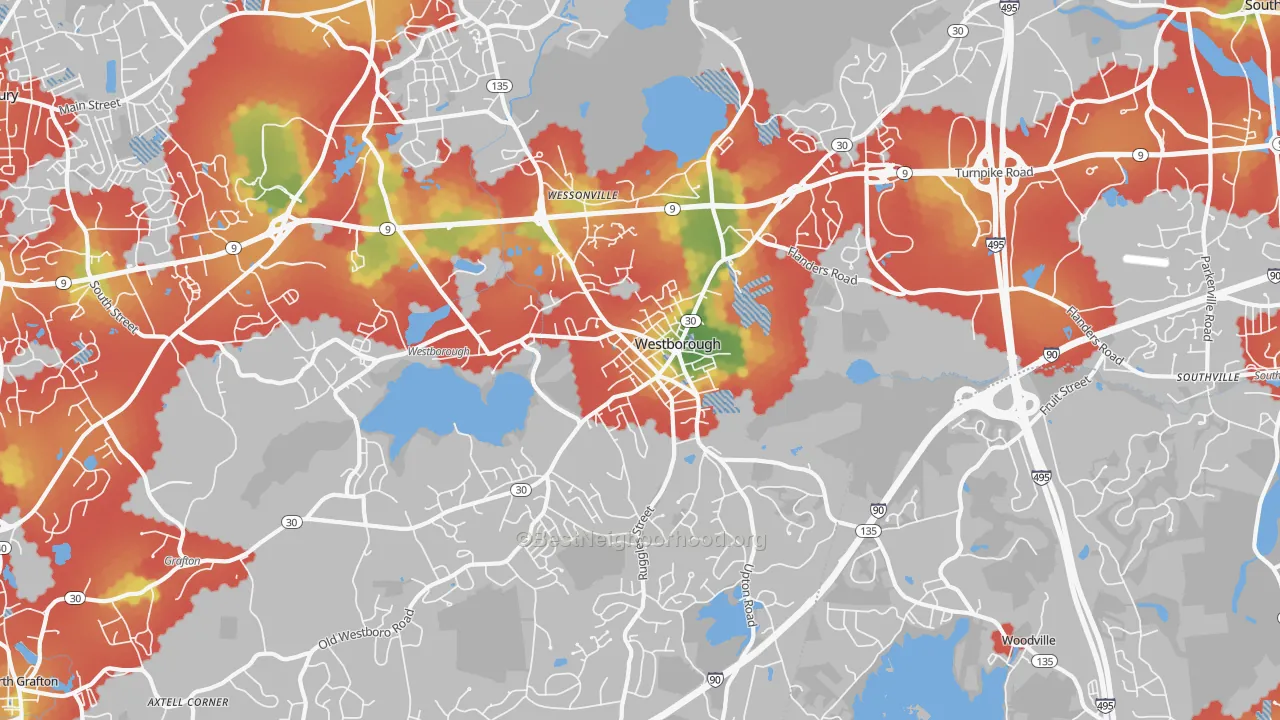 Walk Grade map of Westborough, MA, walkable areas in green and car-dependent areas in red