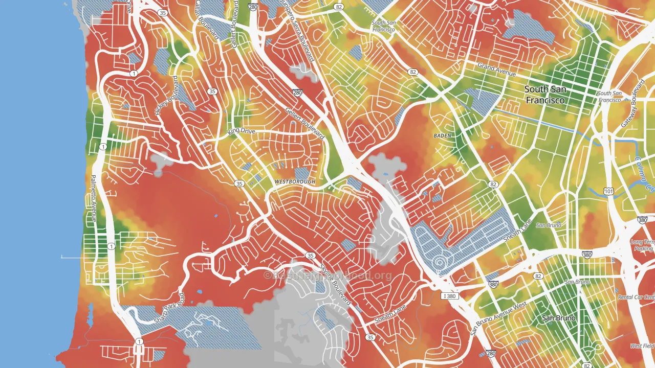 Walk Grade map of Westborough, South San Francisco, CA, walkable areas in green and car-dependent areas in red