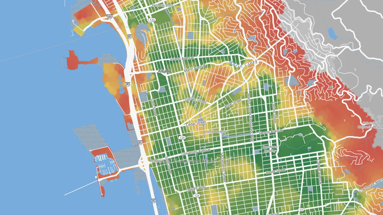 Walk Grade map of Westbrae, Berkeley, CA, walkable areas in green and car-dependent areas in red