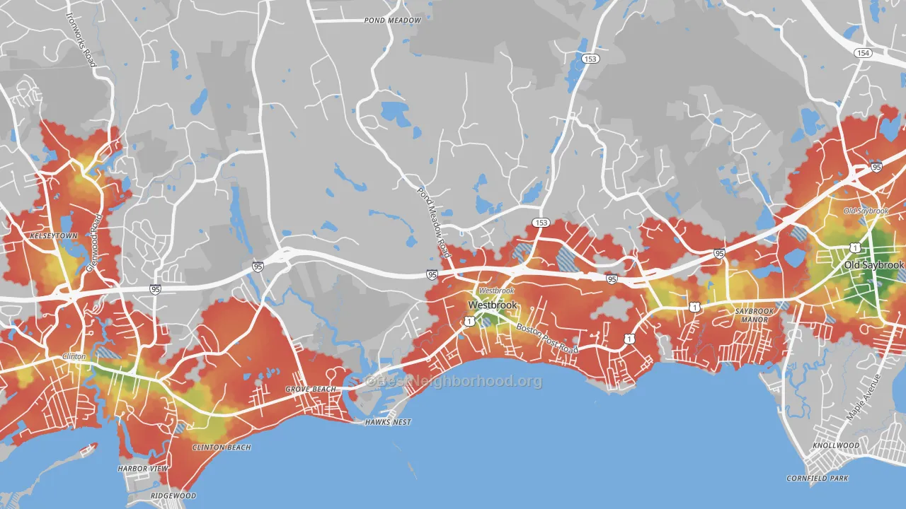 Walk Grade map of Westbrook, CT, walkable areas in green and car-dependent areas in red