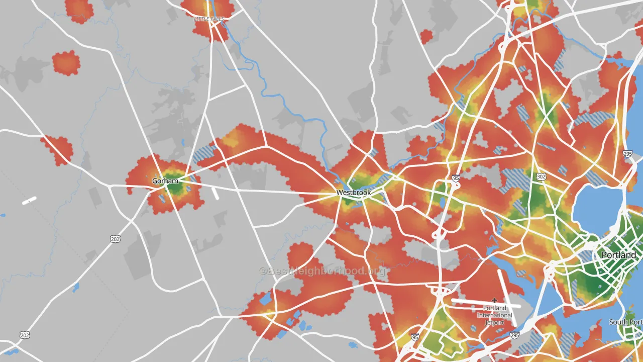 Walk Grade map of Westbrook, ME, walkable areas in green and car-dependent areas in red