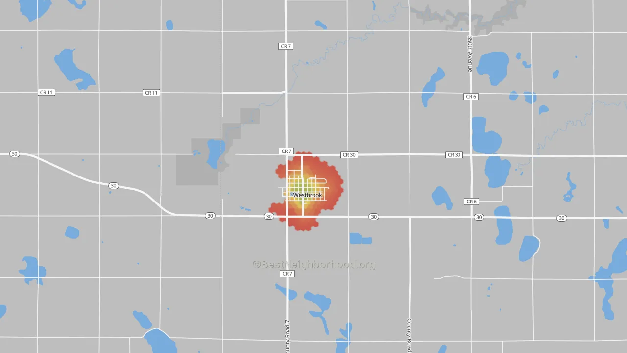 Walk Grade map of Westbrook, MN, walkable areas in green and car-dependent areas in red