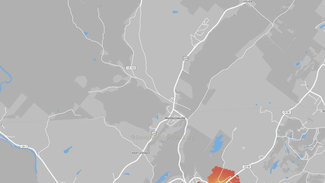 Walk Grade map of Westbrookville, NY, walkable areas in green and car-dependent areas in red
