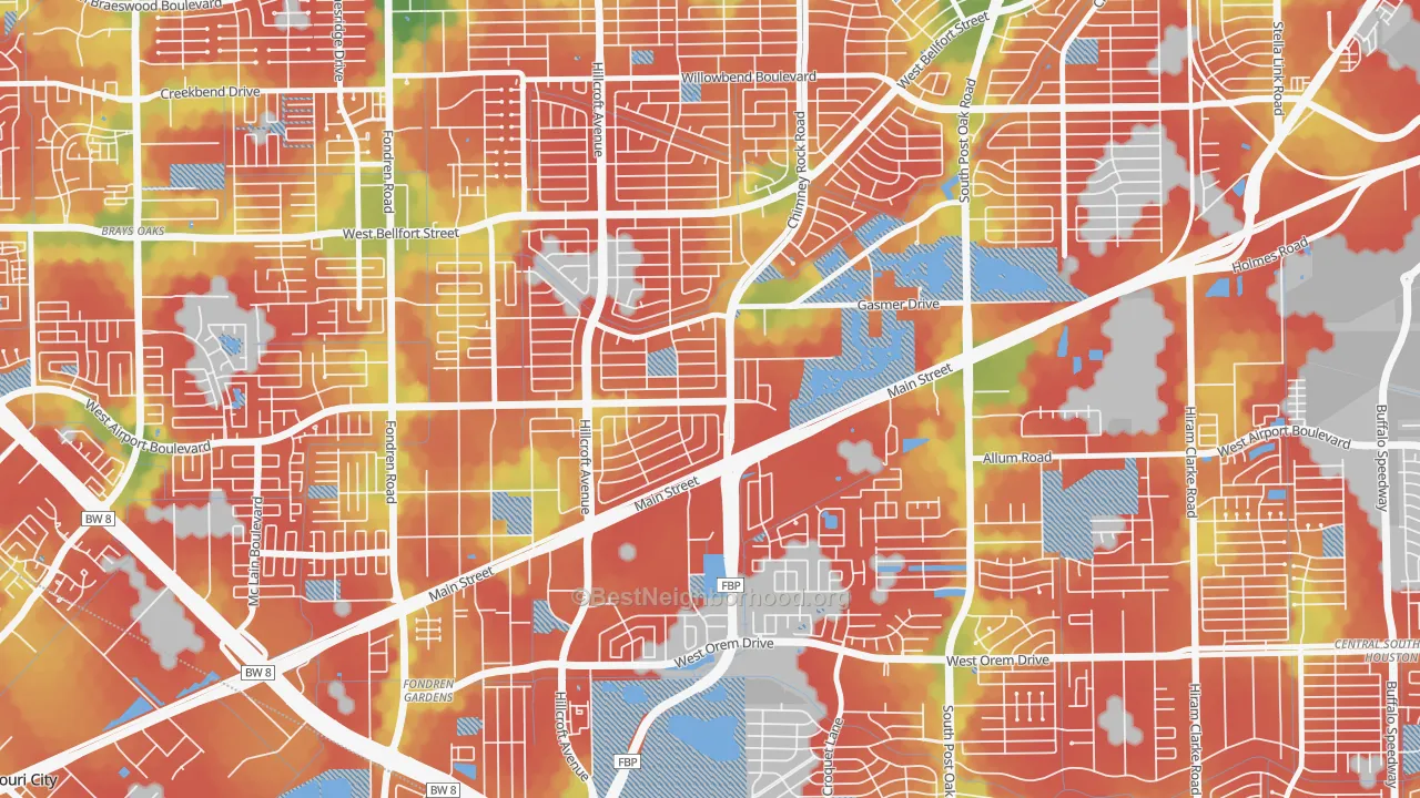 Walk Grade map of Westbury, Houston, TX, walkable areas in green and car-dependent areas in red
