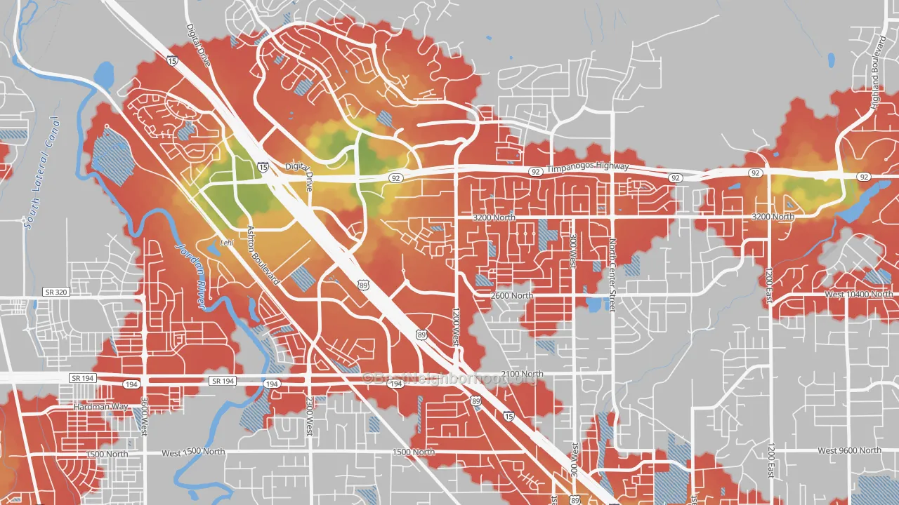 Walk Grade map of Westbury, Lehi, UT, walkable areas in green and car-dependent areas in red