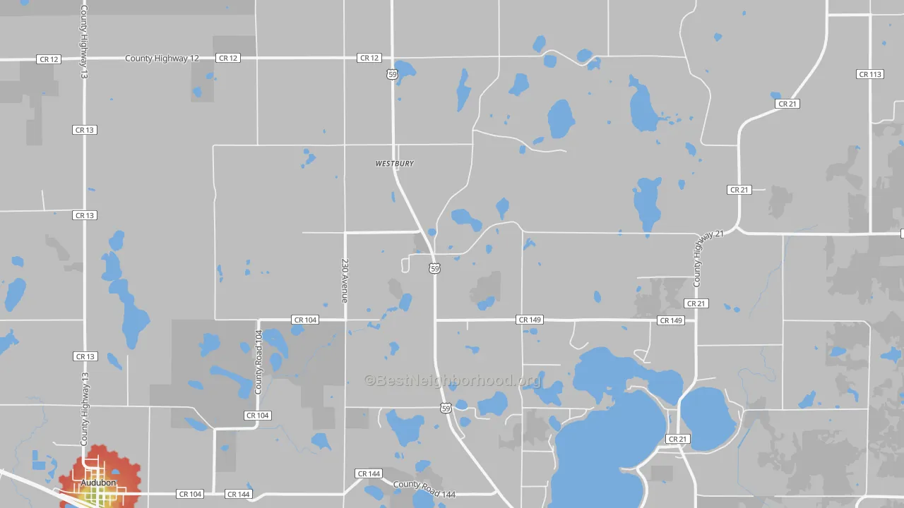 Walk Grade map of Westbury, MN, walkable areas in green and car-dependent areas in red