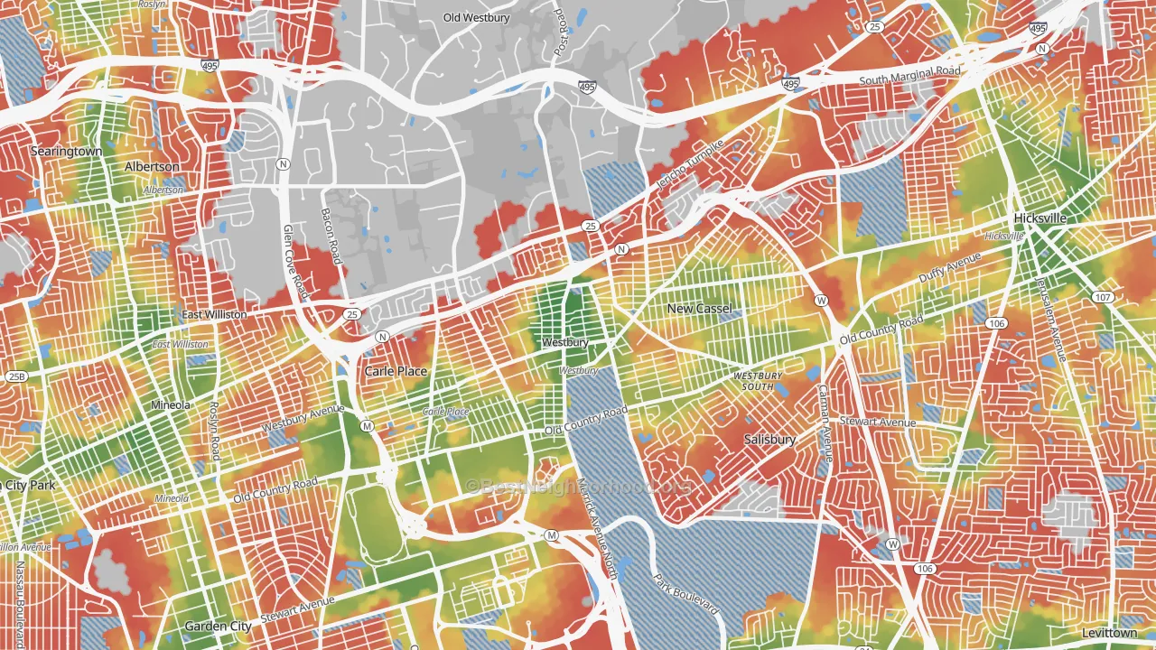 Walk Grade map of Westbury, NY, walkable areas in green and car-dependent areas in red