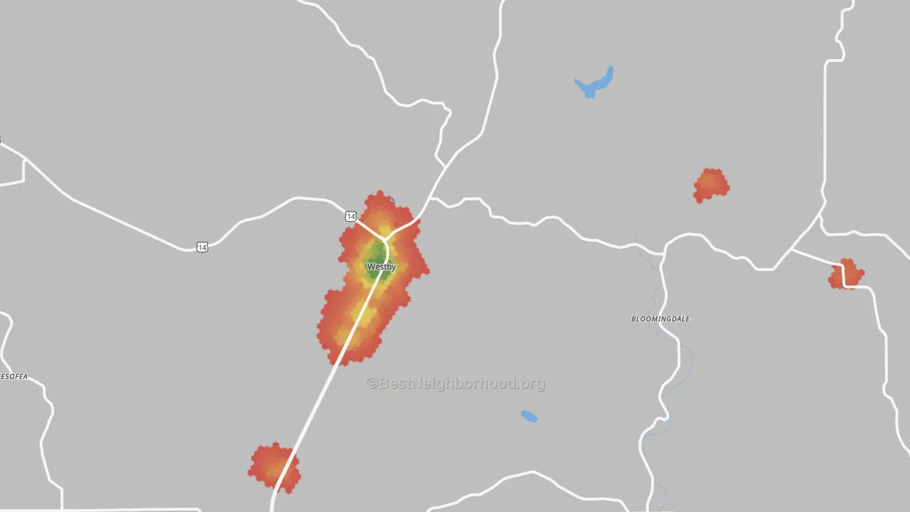 Walk Grade map of Westby, WI, walkable areas in green and car-dependent areas in red