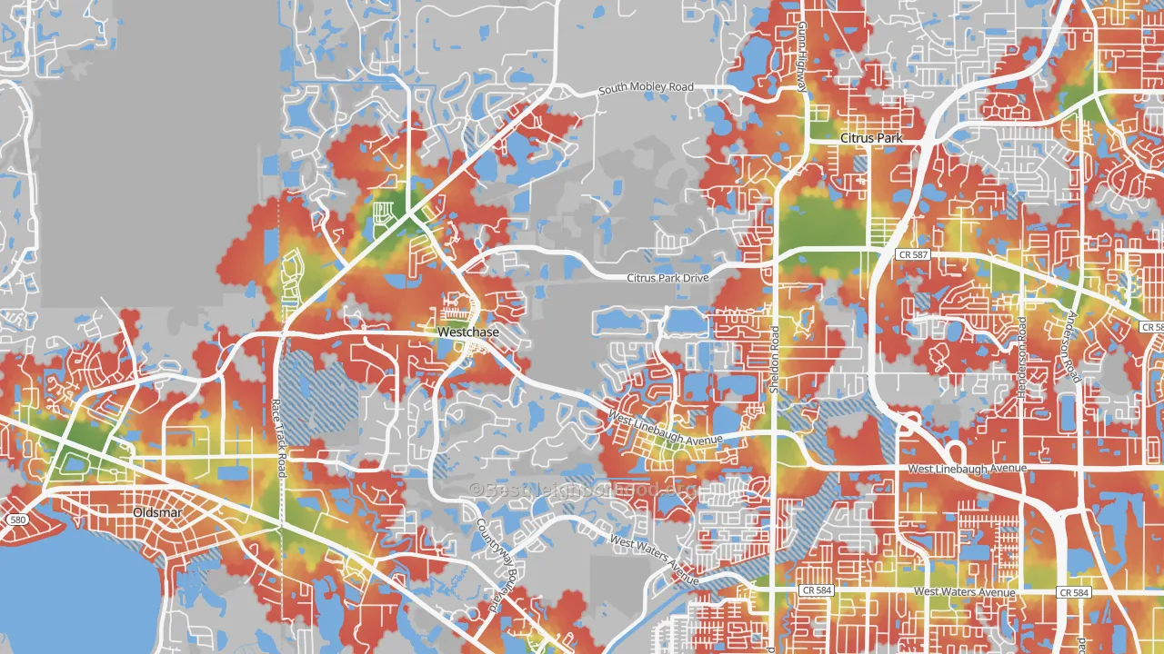 Walk Grade map of Westchase, FL, walkable areas in green and car-dependent areas in red