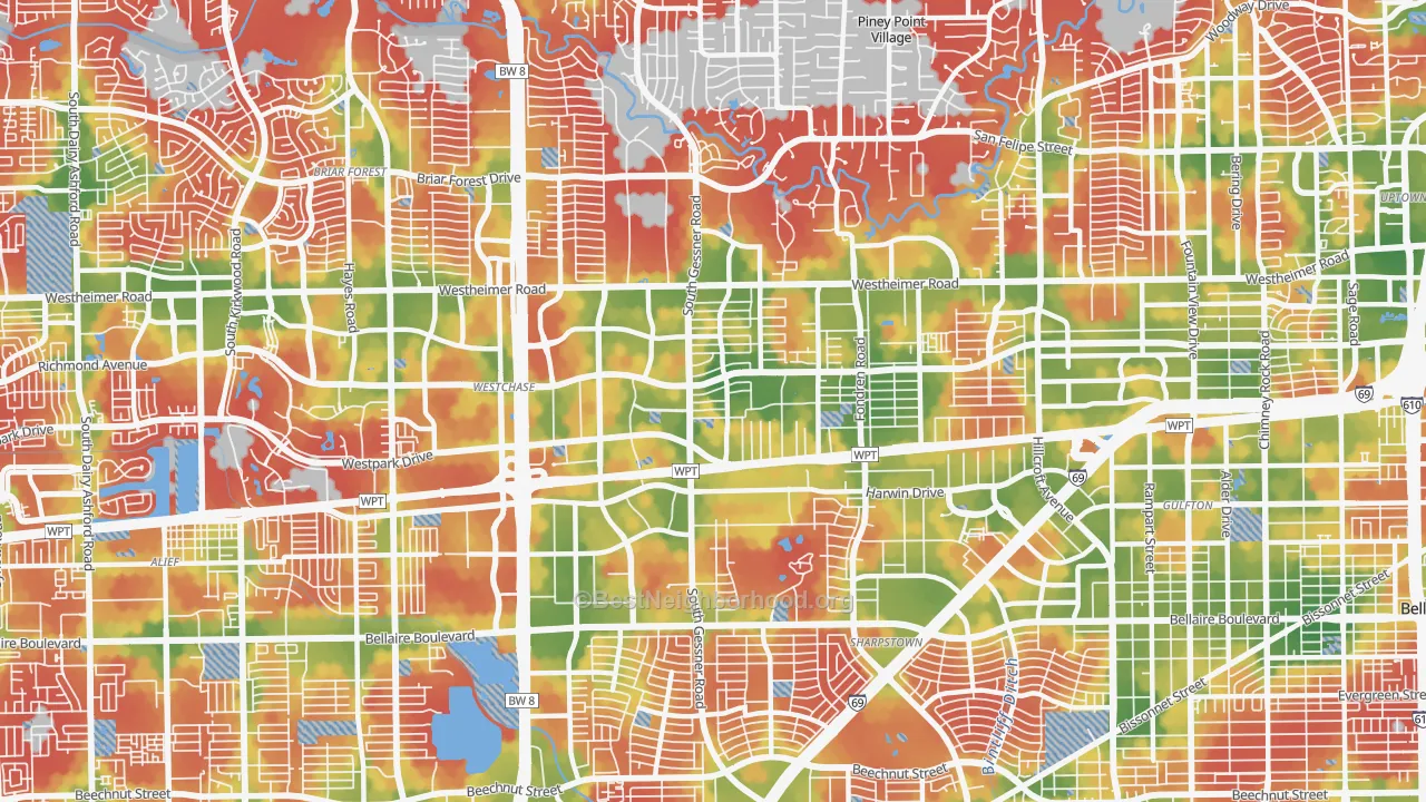 Walk Grade map of Westchase, Houston, TX, walkable areas in green and car-dependent areas in red