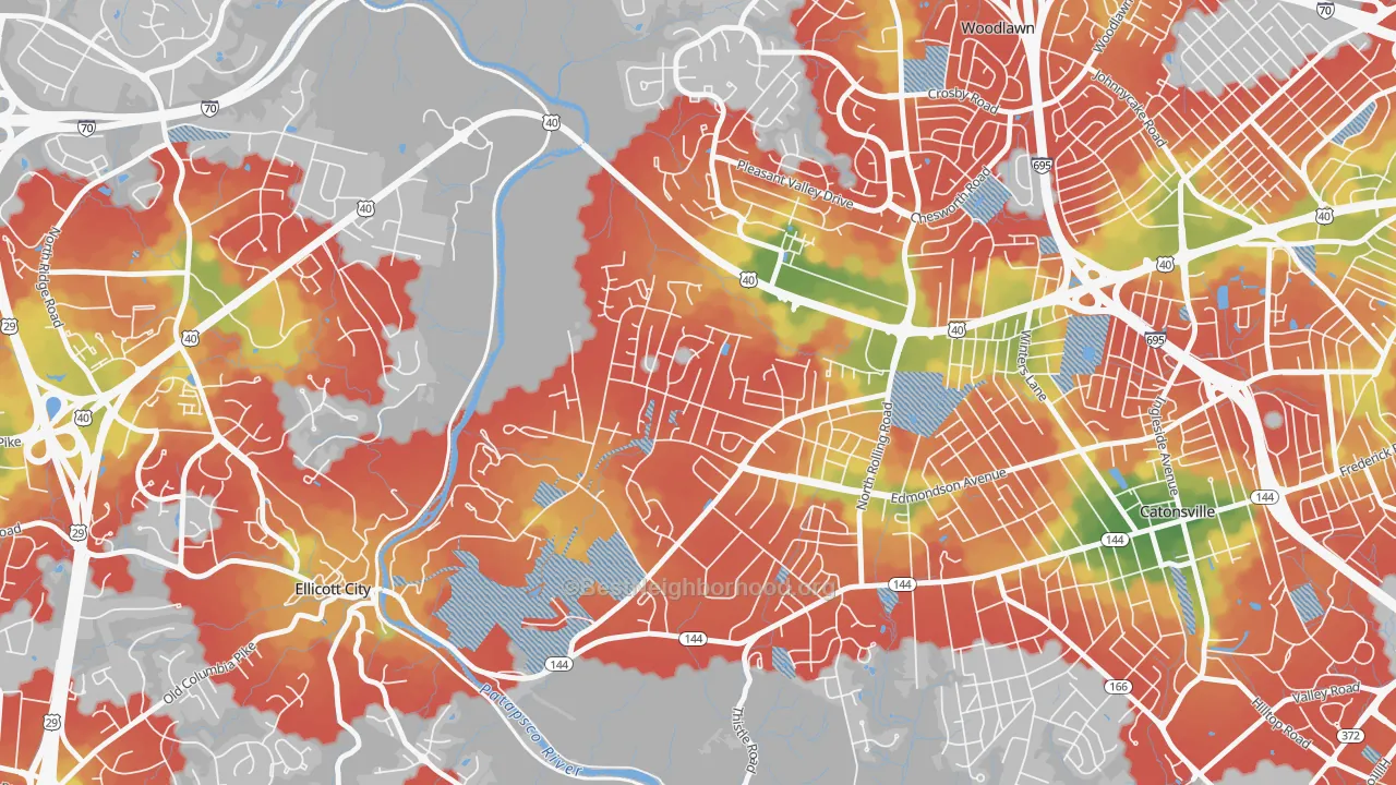 Walk Grade map of Westchester, Catonsville, MD, walkable areas in green and car-dependent areas in red