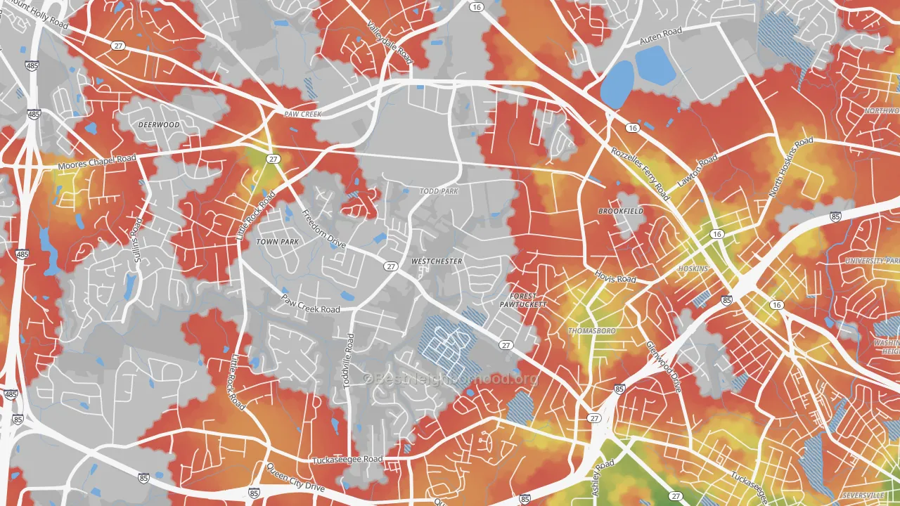 Walk Grade map of Westchester, Charlotte, NC, walkable areas in green and car-dependent areas in red