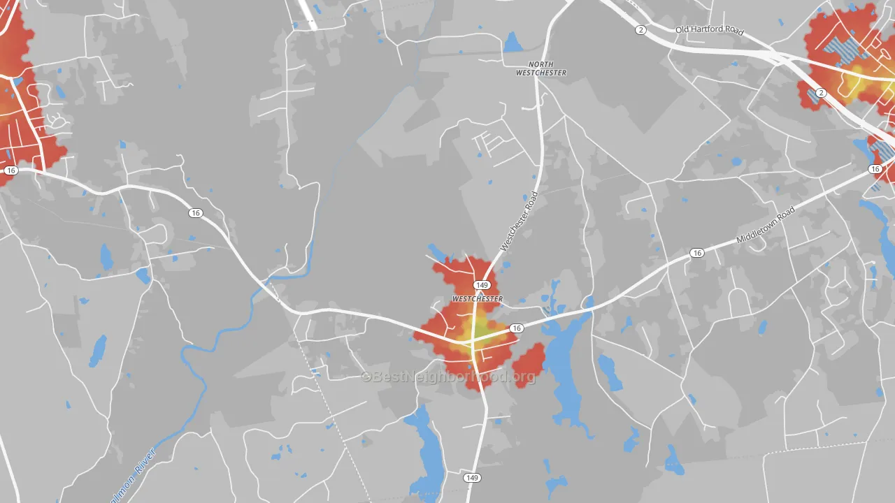 Walk Grade map of Westchester, CT, walkable areas in green and car-dependent areas in red