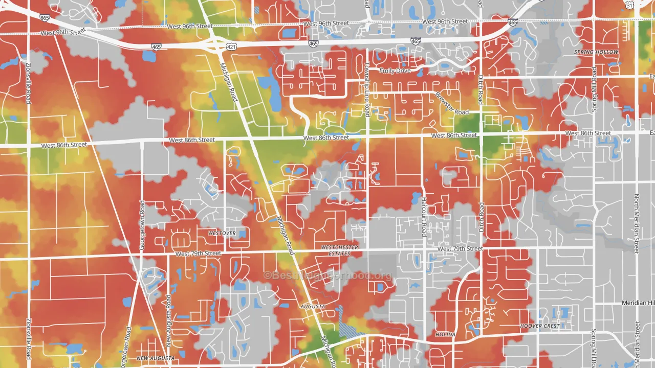 Walk Grade map of Westchester Estates, Indianapolis, IN, walkable areas in green and car-dependent areas in red