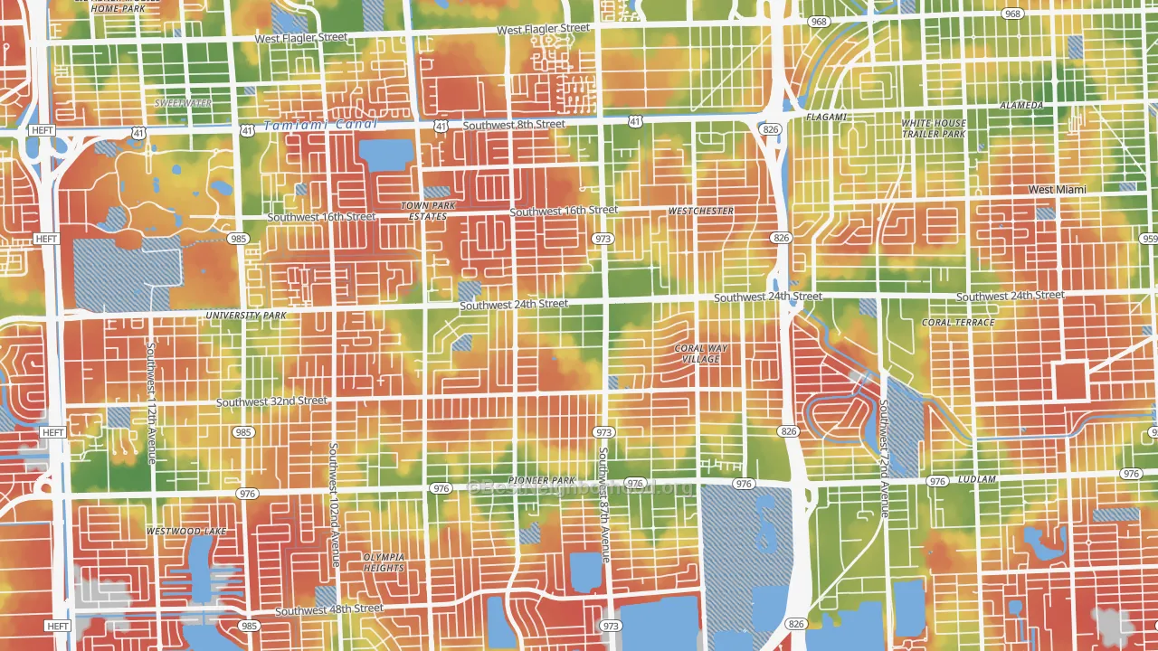 Walk Grade map of Westchester, FL, walkable areas in green and car-dependent areas in red