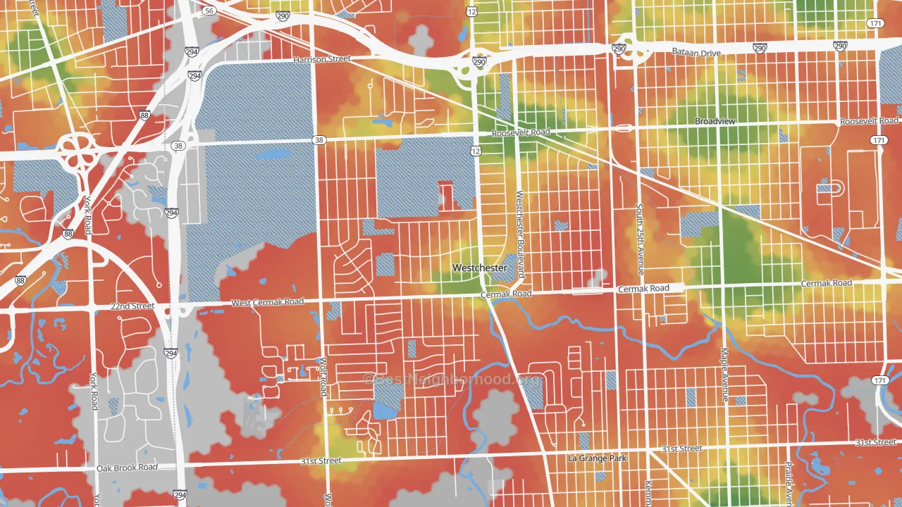 Walk Grade map of Westchester, IL, walkable areas in green and car-dependent areas in red