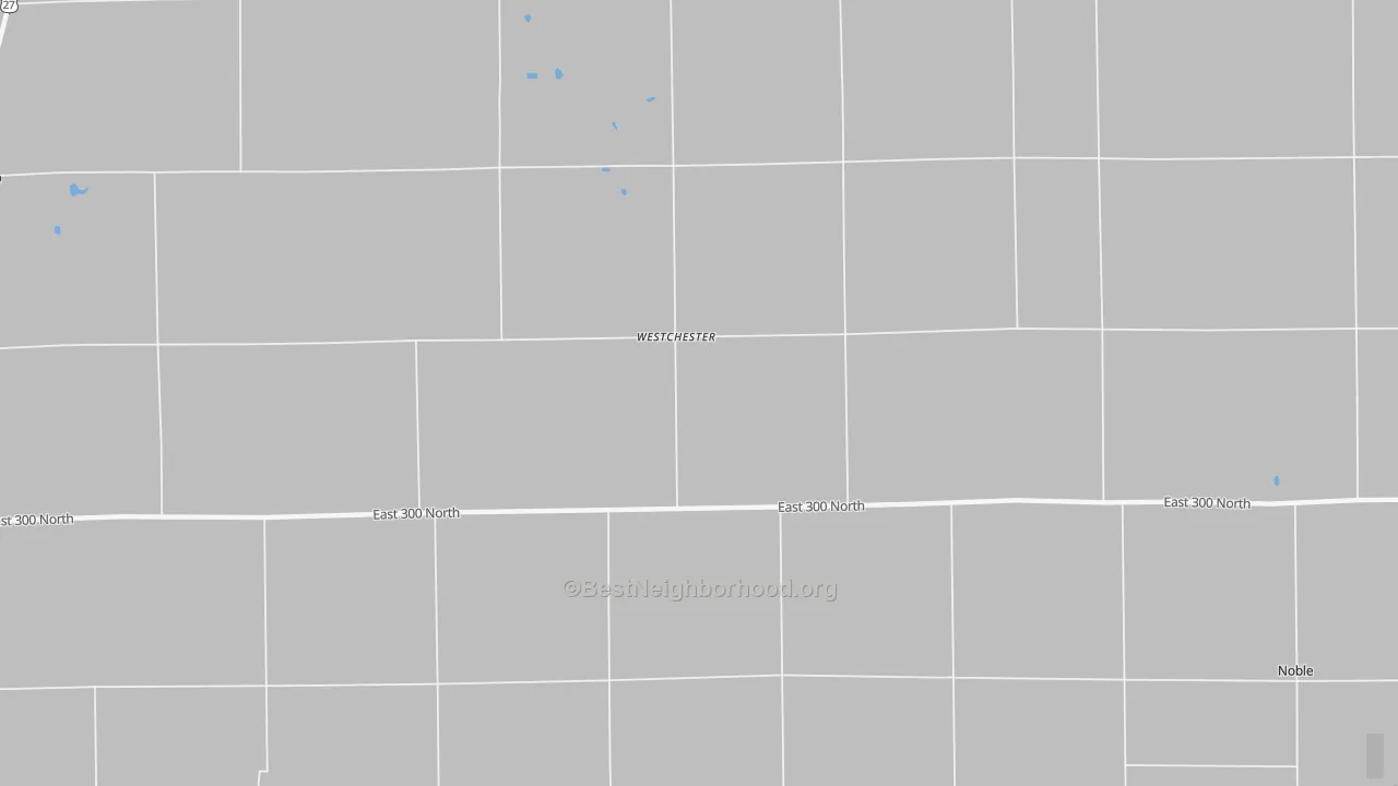 Walk Grade map of Westchester, IN, walkable areas in green and car-dependent areas in red