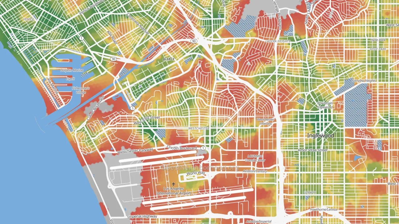 Walk Grade map of Westchester, Los Angeles, CA, walkable areas in green and car-dependent areas in red