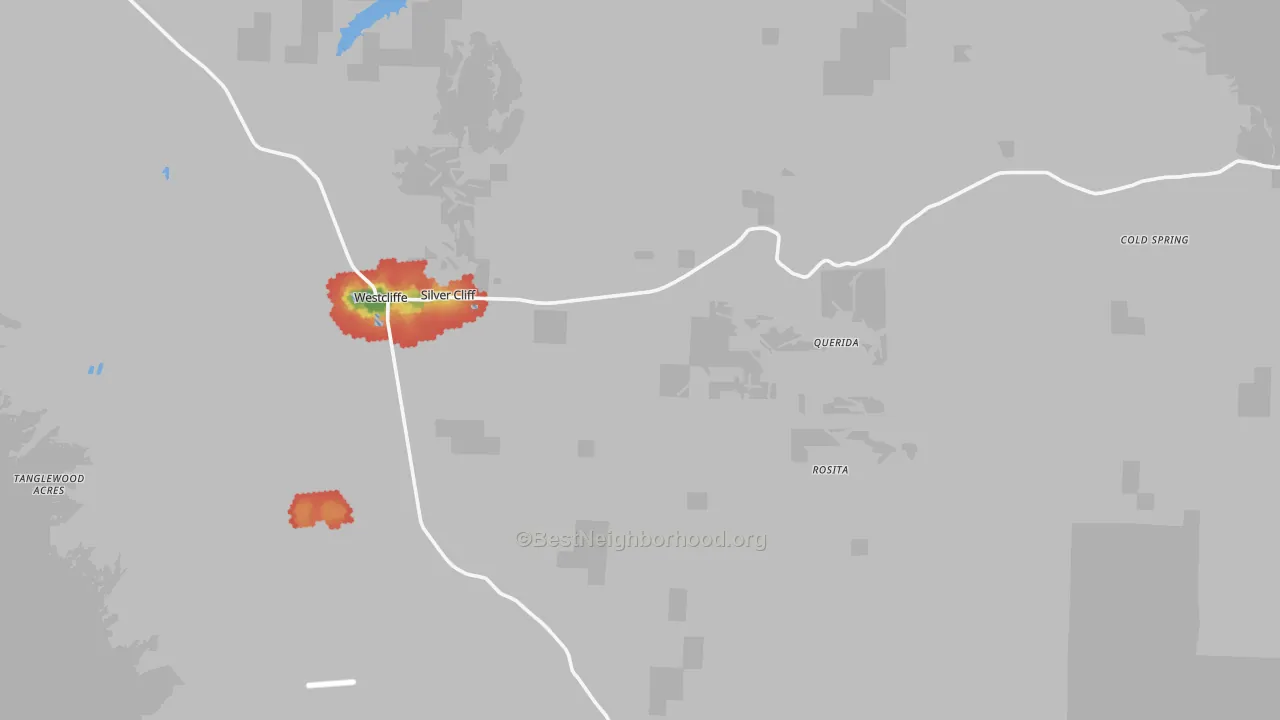 Walk Grade map of Westcliffe, CO, walkable areas in green and car-dependent areas in red
