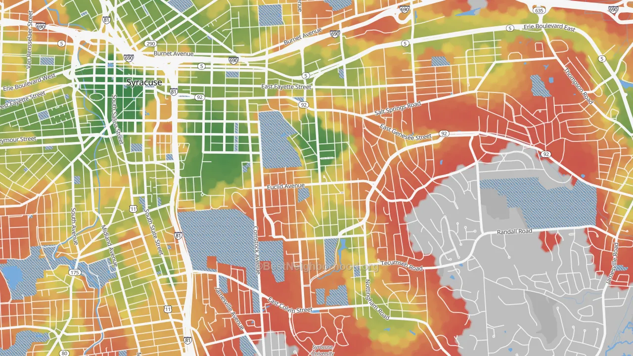 Walk Grade map of Westcott, Syracuse, NY, walkable areas in green and car-dependent areas in red
