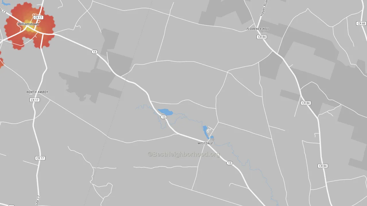 Walk Grade map of Westdale, NY, walkable areas in green and car-dependent areas in red