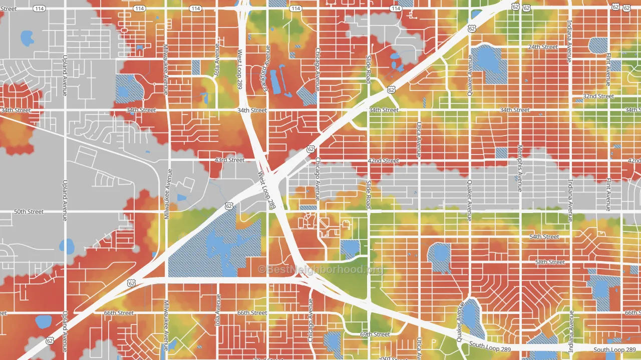 Walk Grade map of Wester, Lubbock, TX, walkable areas in green and car-dependent areas in red