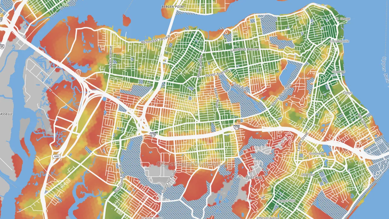 Walk Grade map of Westerleigh-Castleton, Staten Island, NY, walkable areas in green and car-dependent areas in red