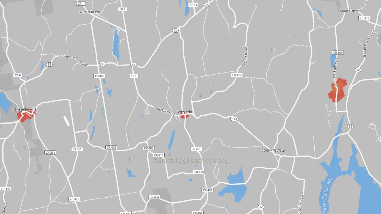 Walk Grade map of Westerlo, NY, walkable areas in green and car-dependent areas in red
