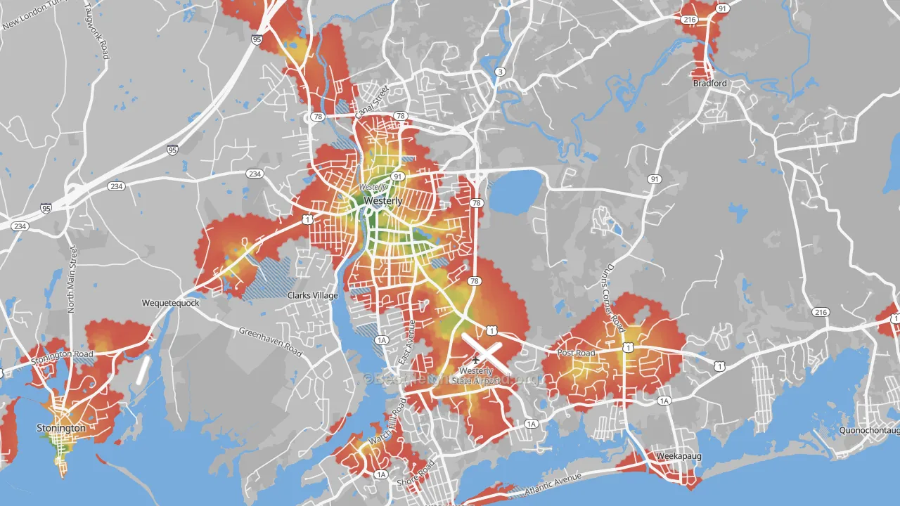 Walk Grade map of Westerly, RI, walkable areas in green and car-dependent areas in red