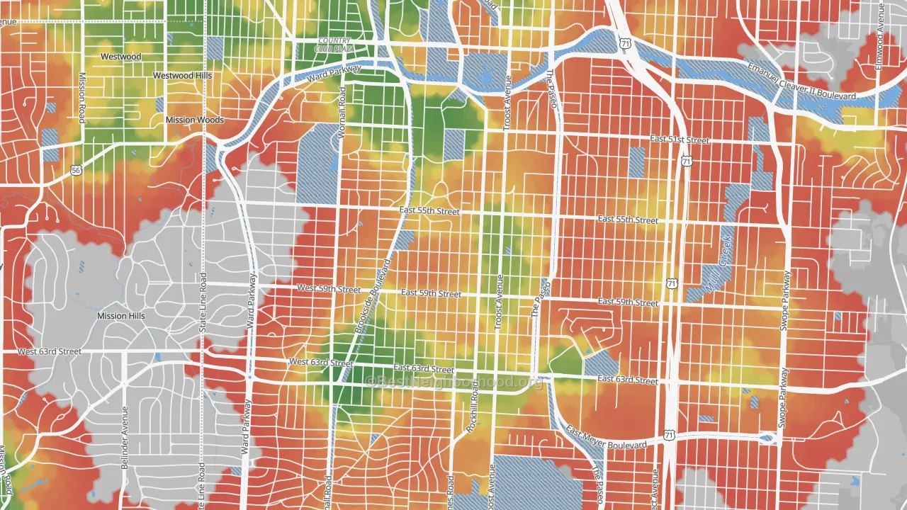 Walk Grade map of Western 49-63, Kansas City, MO, walkable areas in green and car-dependent areas in red