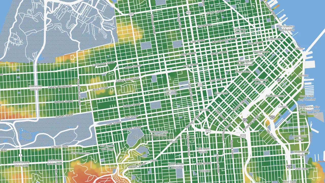 Walk Grade map of Western Addition, San Francisco, CA, walkable areas in green and car-dependent areas in red
