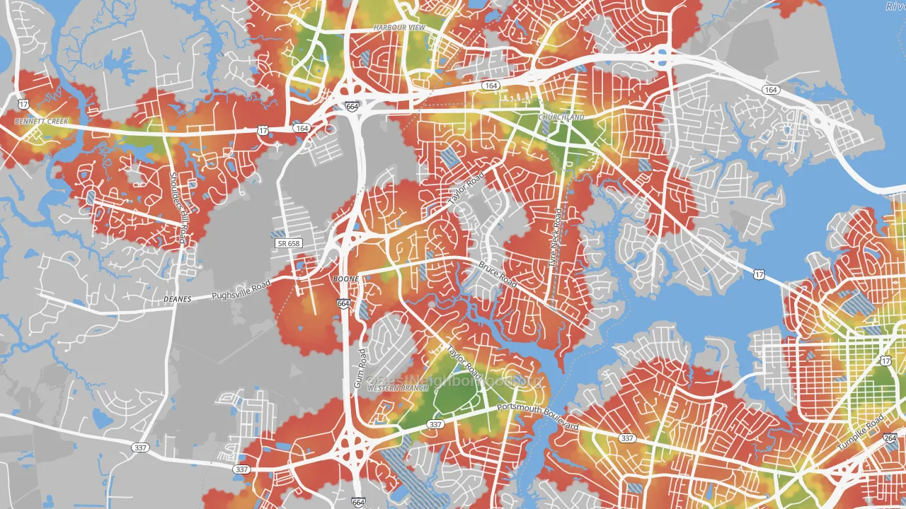 Walk Grade map of Western Branch North, Chesapeake, VA, walkable areas in green and car-dependent areas in red