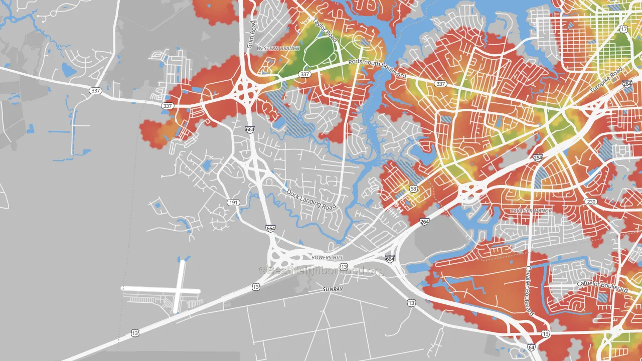 Walk Grade map of Western Branch South, Chesapeake, VA, walkable areas in green and car-dependent areas in red