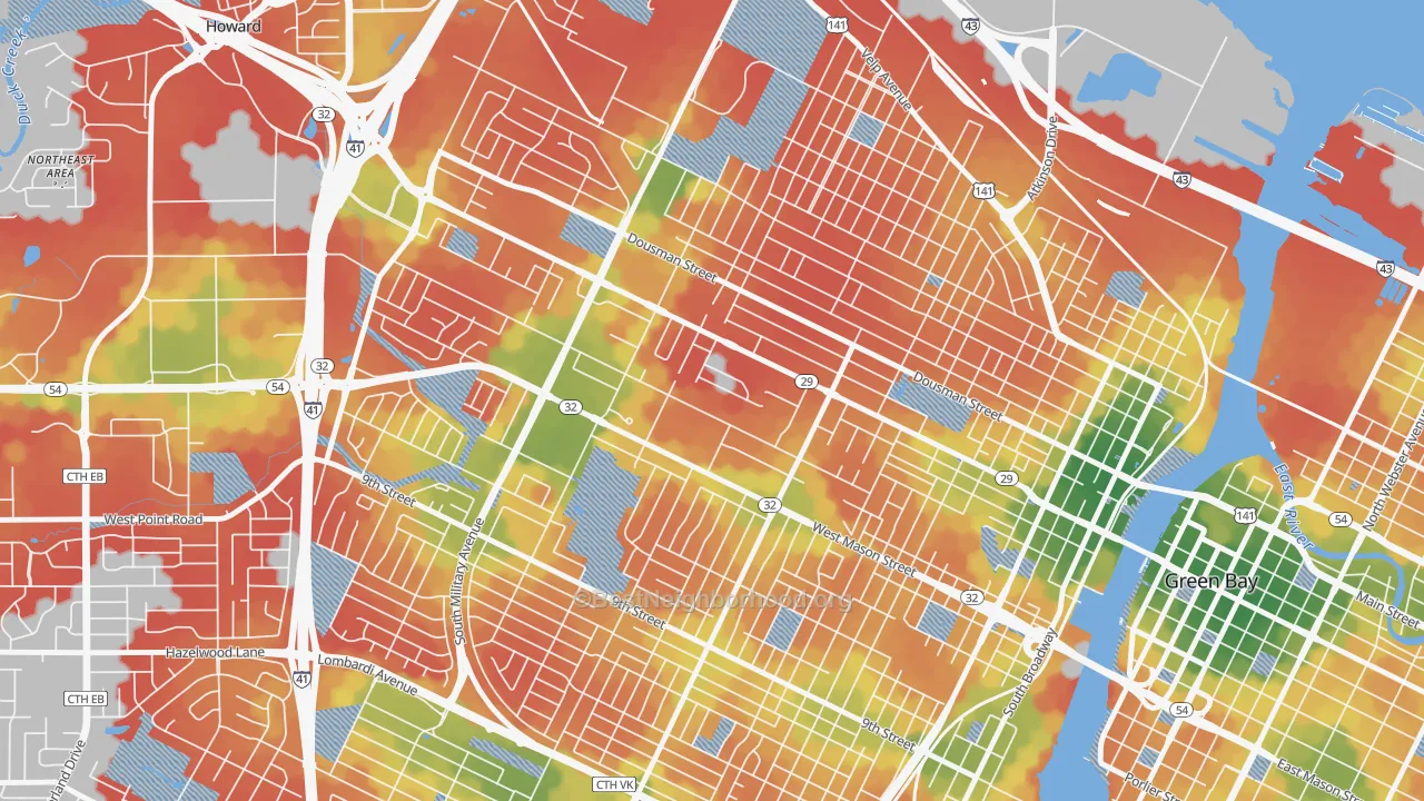 Walk Grade map of Western Corridor, Green Bay, WI, walkable areas in green and car-dependent areas in red