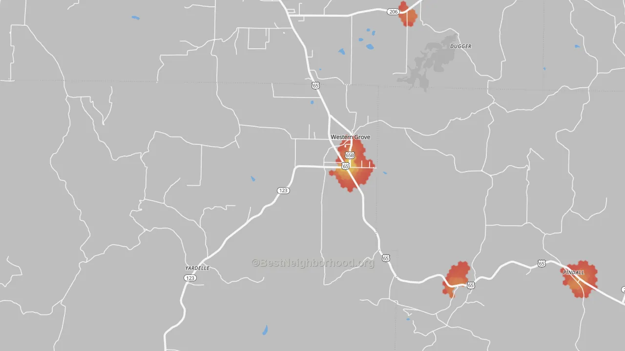 Walk Grade map of Western Grove, AR, walkable areas in green and car-dependent areas in red