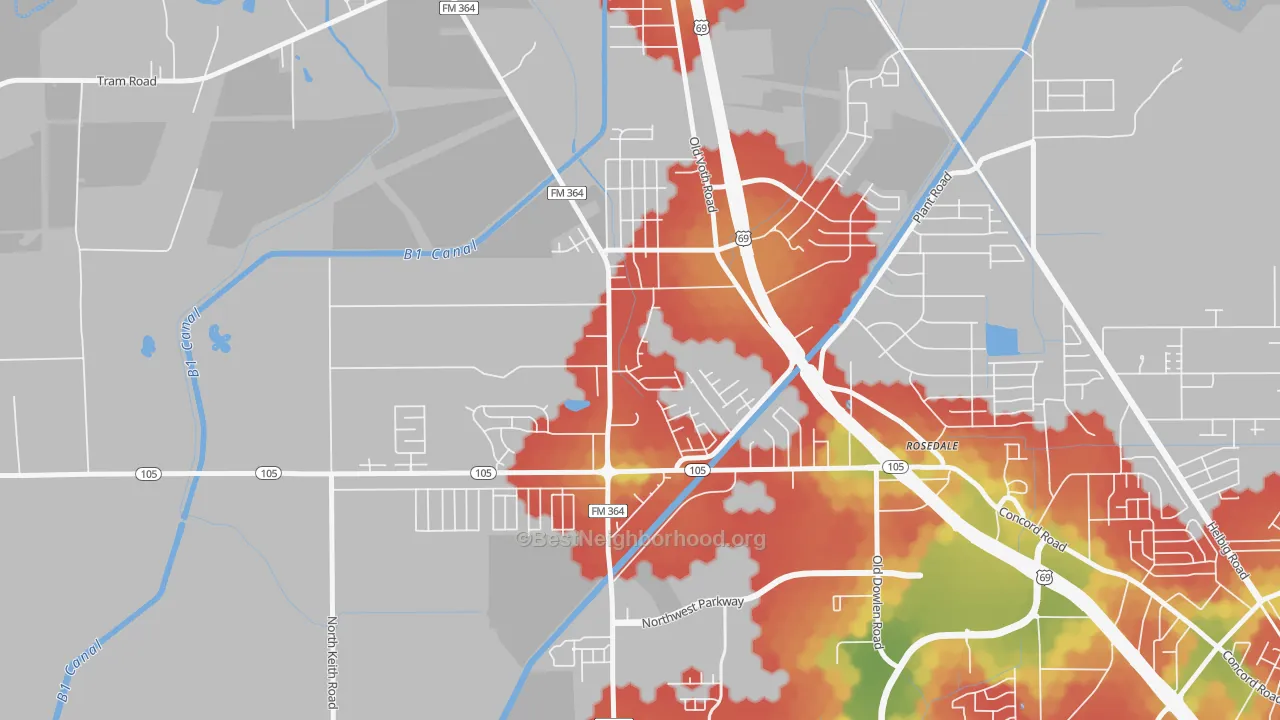Walk Grade map of Western Hills, Beaumont, TX, walkable areas in green and car-dependent areas in red