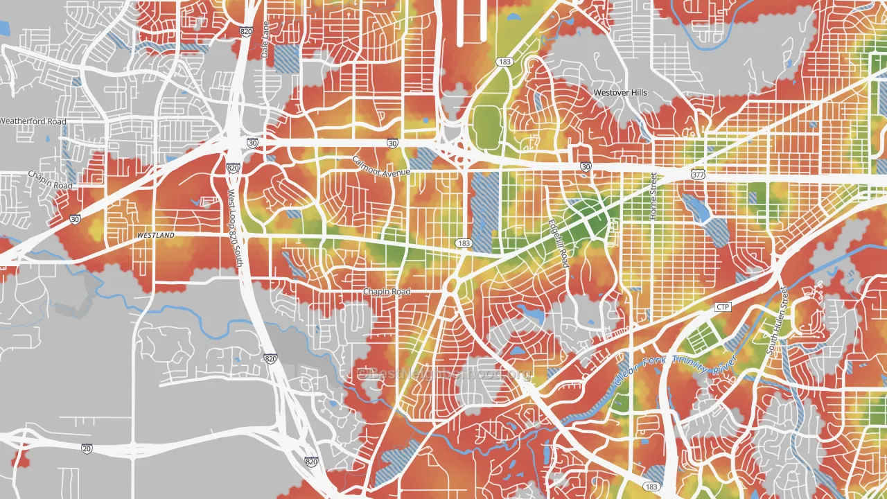 Walk Grade map of Western Hills Fort Worth, Fort Worth, TX, walkable areas in green and car-dependent areas in red