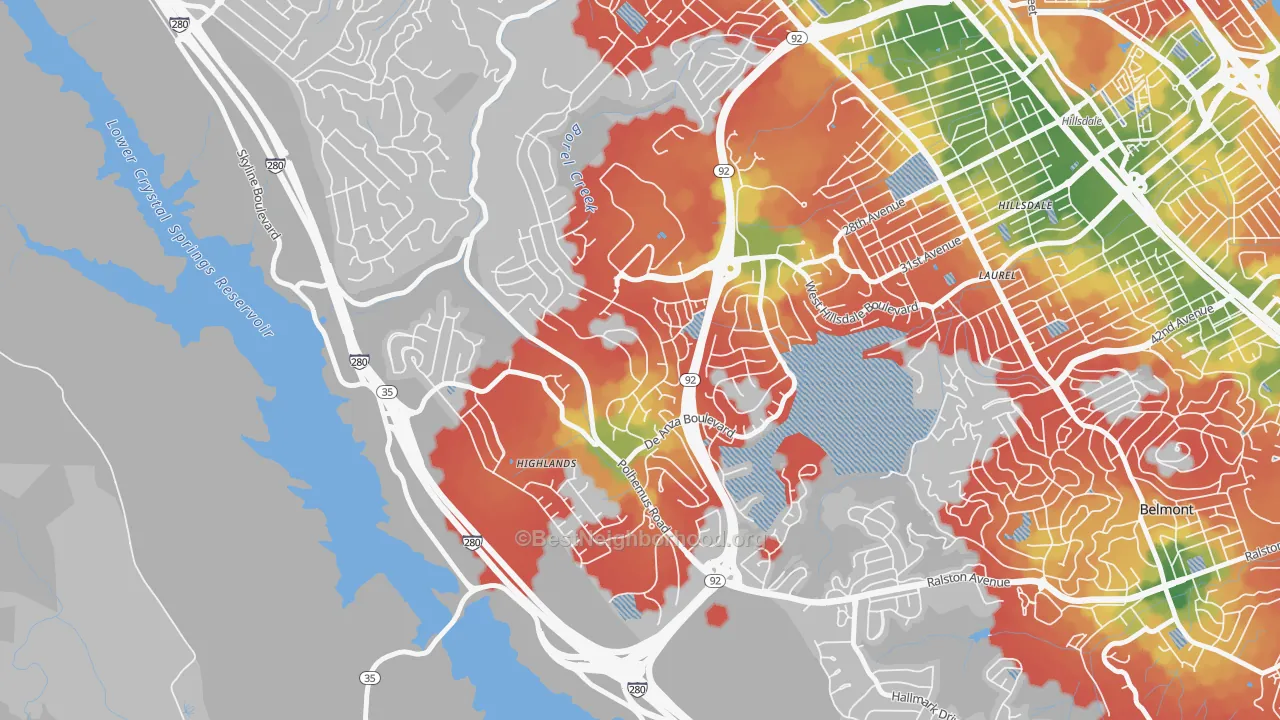Walk Grade map of Western Hills, San Mateo, CA, walkable areas in green and car-dependent areas in red