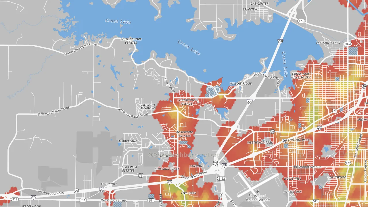 Walk Grade map of Western Hills Yarborough, Shreveport, LA, walkable areas in green and car-dependent areas in red