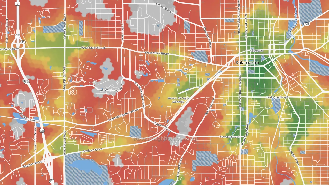 Walk Grade map of Western Michigan University-KRPH, Kalamazoo, MI, walkable areas in green and car-dependent areas in red