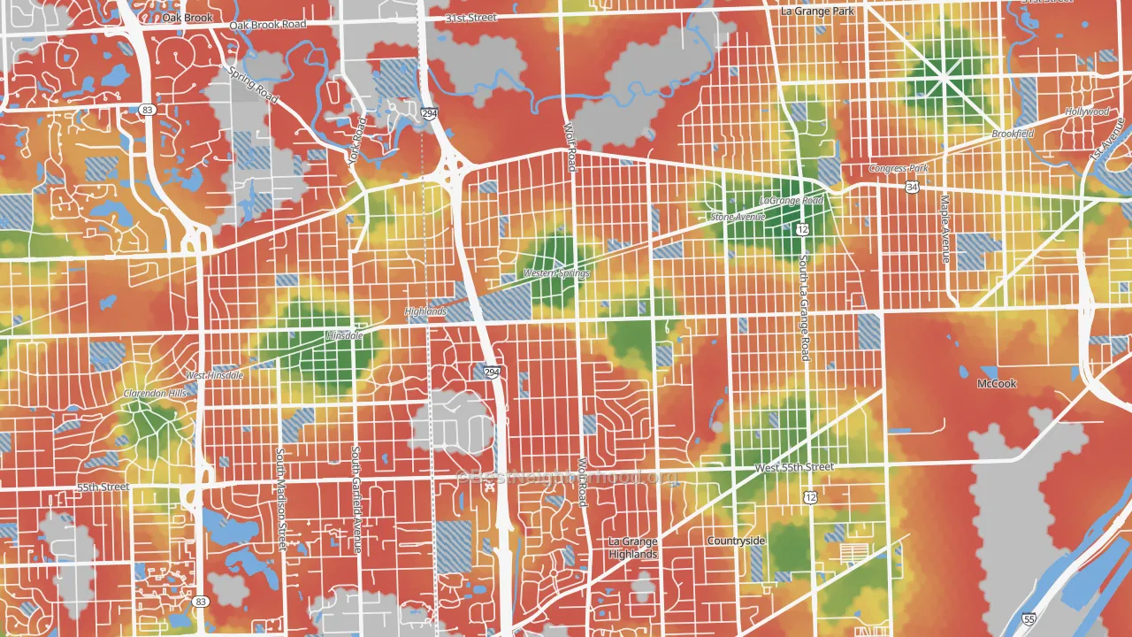 Walk Grade map of Western Springs, IL, walkable areas in green and car-dependent areas in red