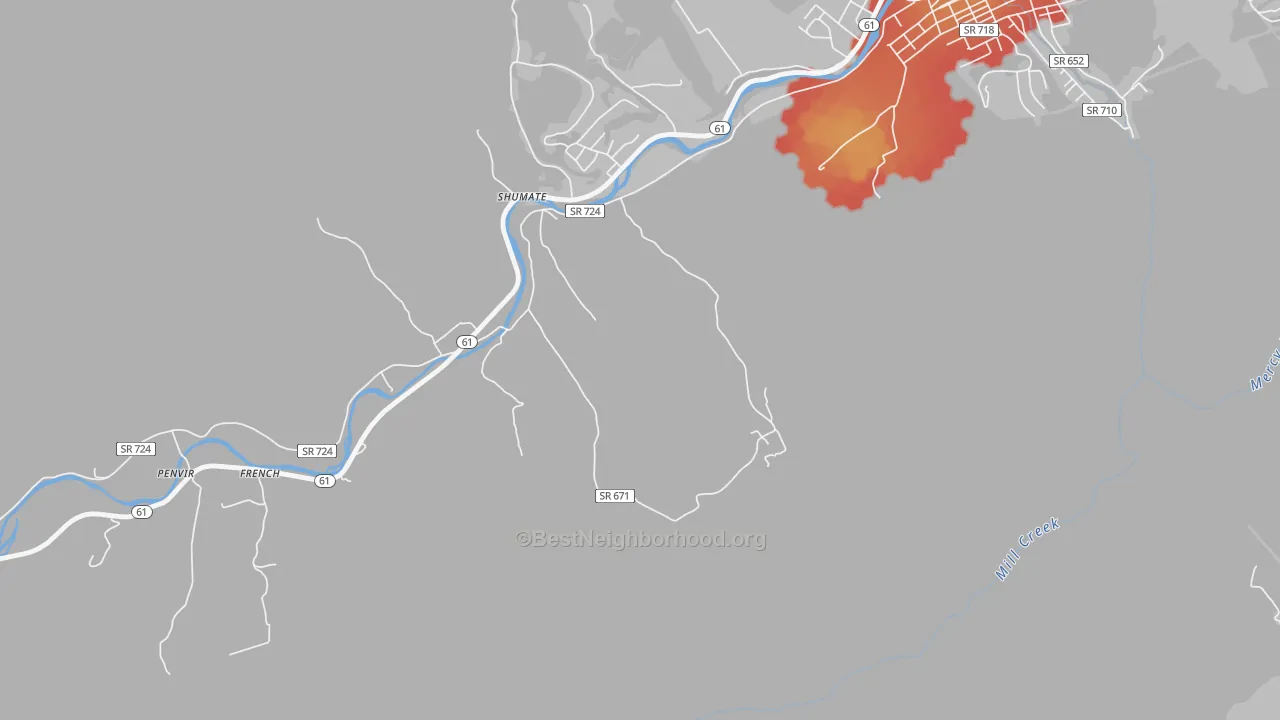 Walk Grade map of Western, VA, walkable areas in green and car-dependent areas in red