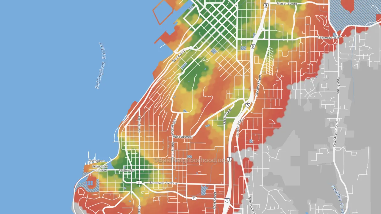 Walk Grade map of Western Washington University, Bellingham, WA, walkable areas in green and car-dependent areas in red