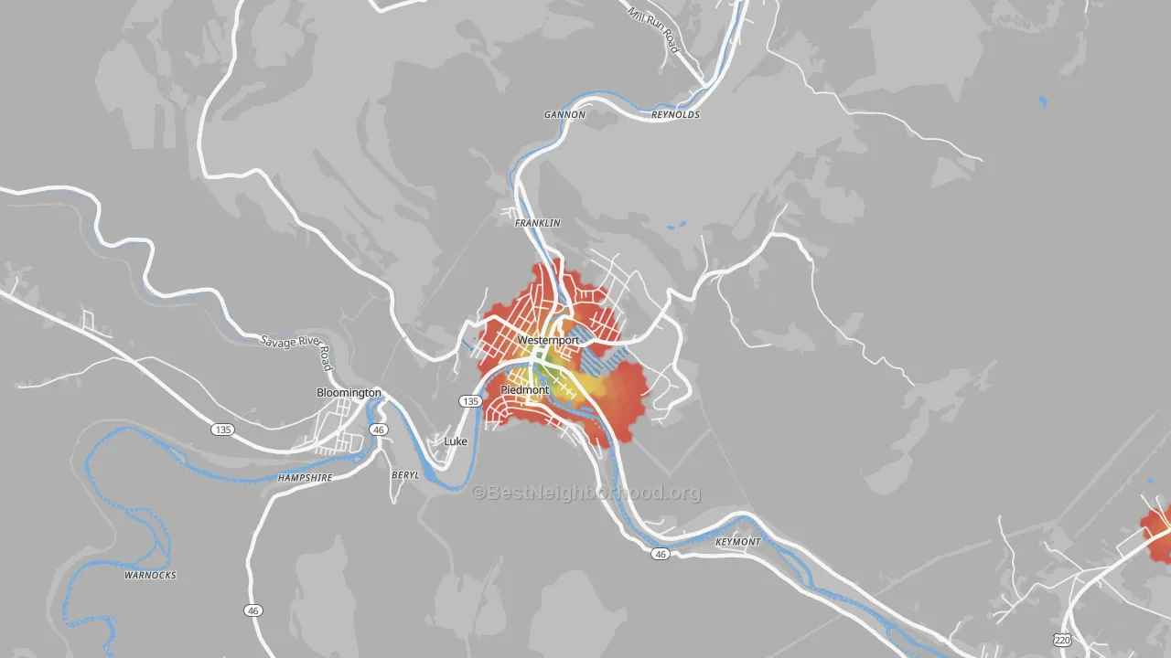 Walk Grade map of Westernport, MD, walkable areas in green and car-dependent areas in red
