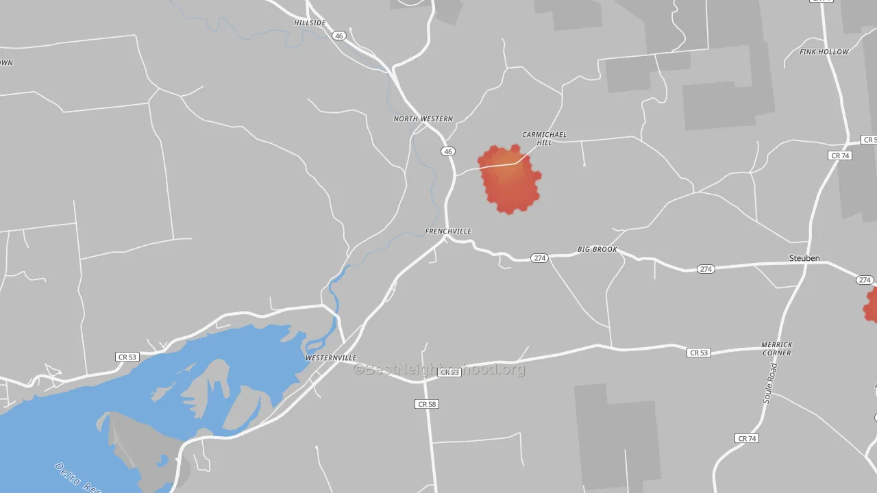 Walk Grade map of Westernville, NY, walkable areas in green and car-dependent areas in red