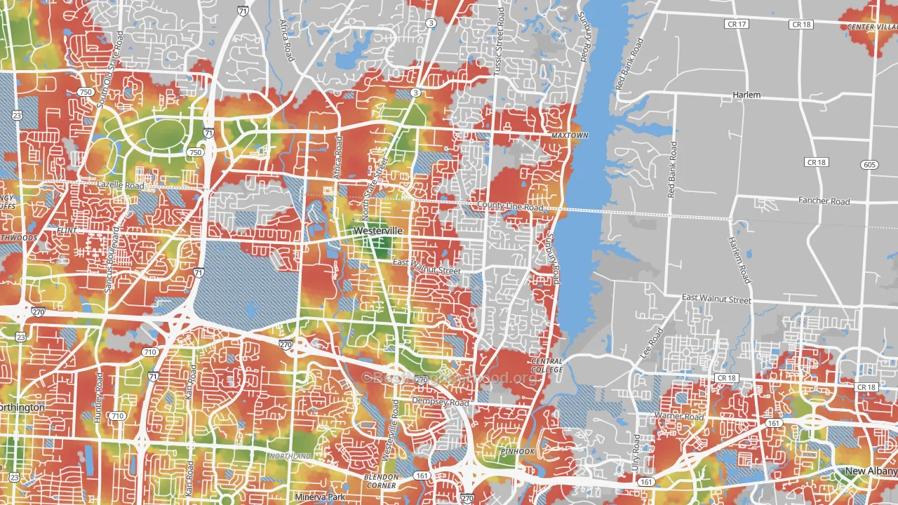 Walk Grade map of Westerville, OH, walkable areas in green and car-dependent areas in red